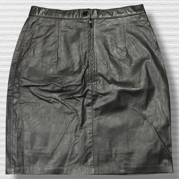 mgr Genuine Leather Skirt Black High Waist Pencil Lined Vintage USA 5/6 90s - Picture 2 of 8